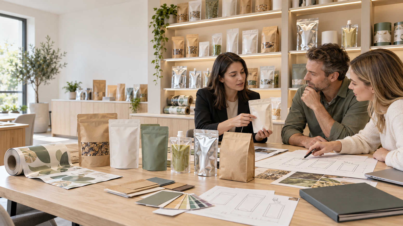 Échange autour d’un projet d’emballage dans un showroom, avec sachets, film imprimé et échantillons sur la table.
