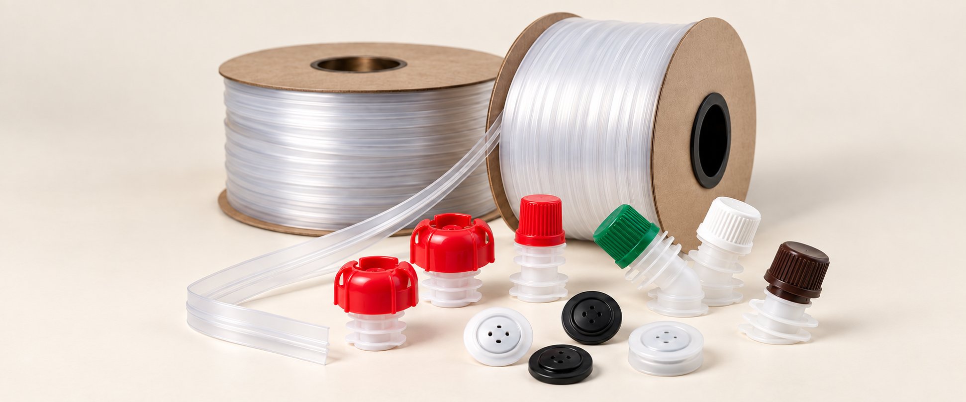 Zips pour emballages souples, valves de dégazage et bouchons de différentes couleurs avec embouts